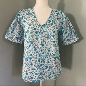 NWT!! Draper James Blue White Floral Blouse, 100% Cotton, Peasant, Small